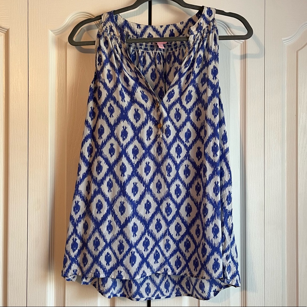 Lilly Pulitzer Sleeveless Silk Tank button front size medium blue white
